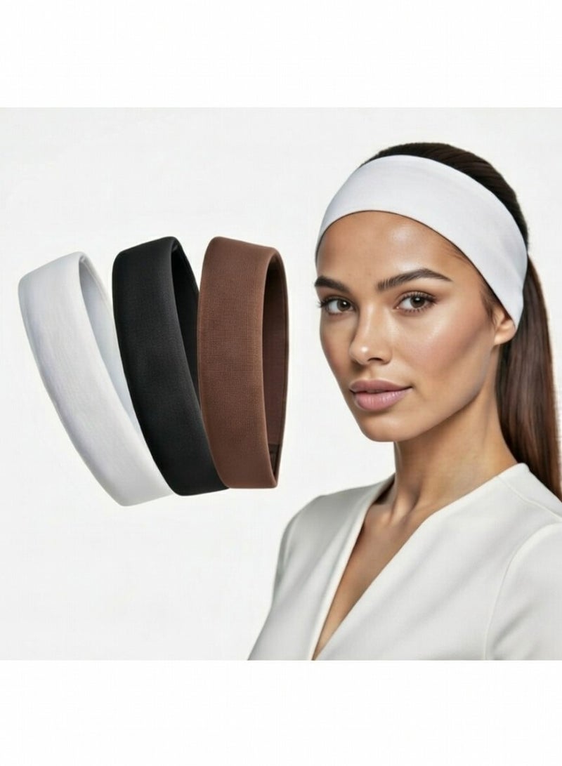 3PCS Cotton Headbands 5CM – White, Black & Brown – Stretch Non-Slip Hair Bands for Sports & Daily Wear - Image 1